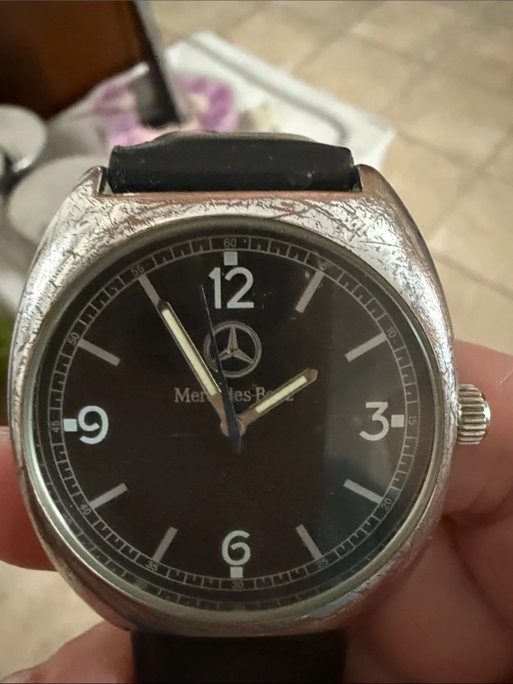 Mercedes-Benz Men's Black Dial Leather Strap Watch